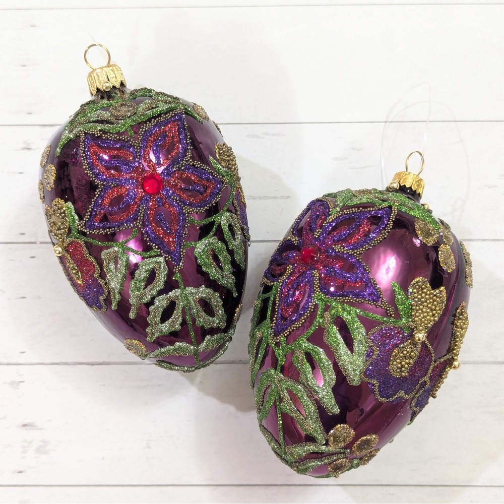2 Large Purple Blown Glass Christmas Ornaments Jeweled Beaded Floral Sparkle